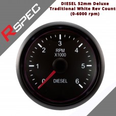 R SPEC DIESEL 52mm Deluxe Traditional White Rev Counter (0-6000 rpm) Gauge
